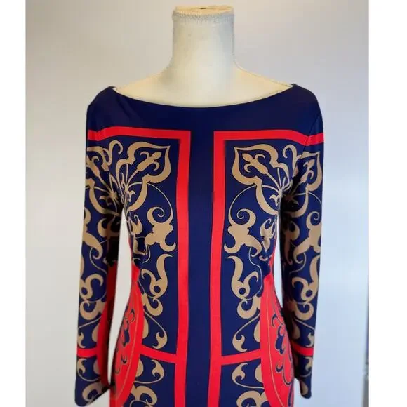 Cache Bodycon Sheath Dress Baroque Navy Red Women’s Medium Boat Neck Geometric - Picture 2 of 16